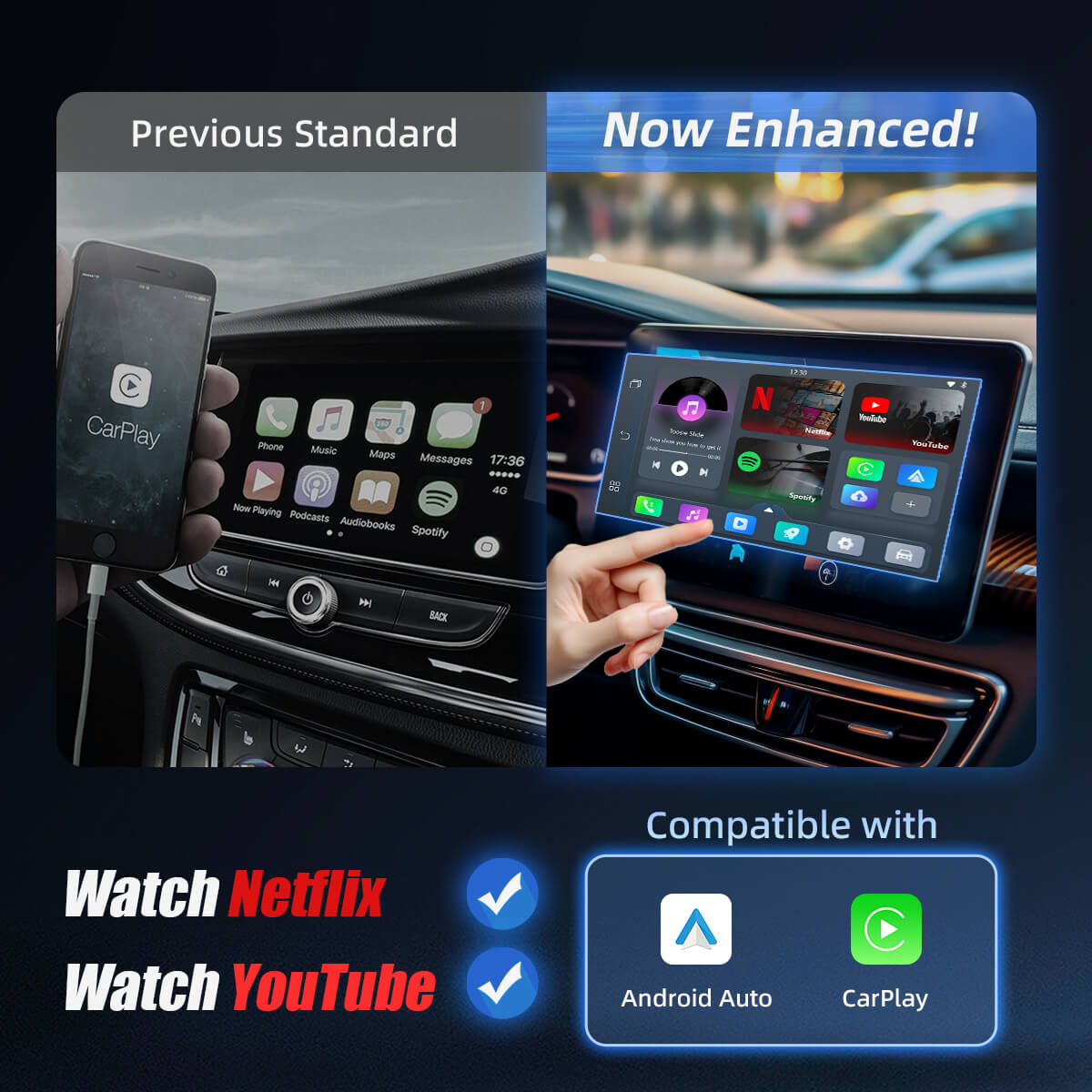 (Heutiges Sonderangebot 40% RABATT) Play2Video Pro Kabelloser CarPlay/Android Auto Adapter mit YouTube & Netflix