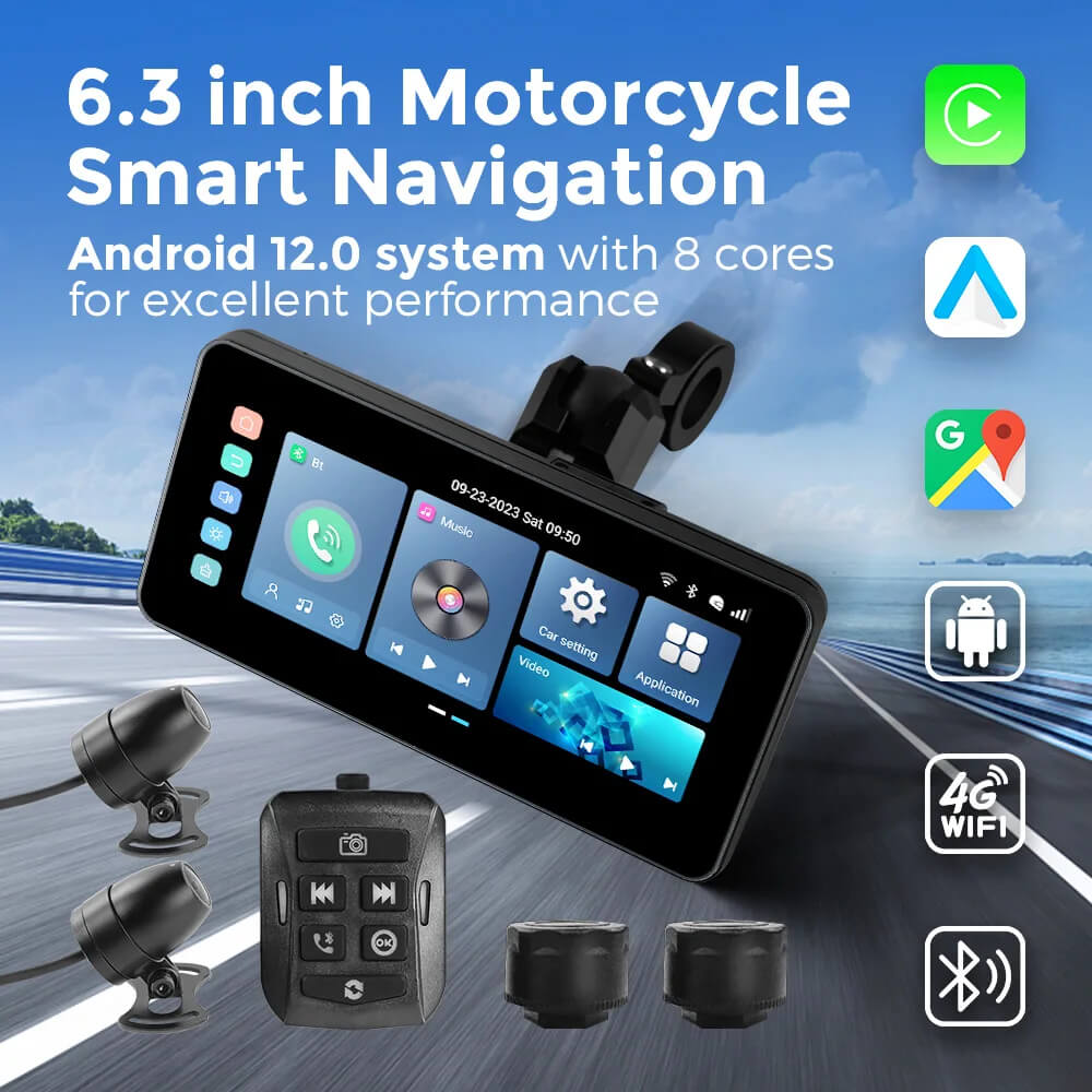 CarPlay Lite C5 अल्ट्रा मोटरसाइकिल एंड्रॉइड 12 GPS डिस्प्ले स्क्रीन DVR कैमरा के साथ