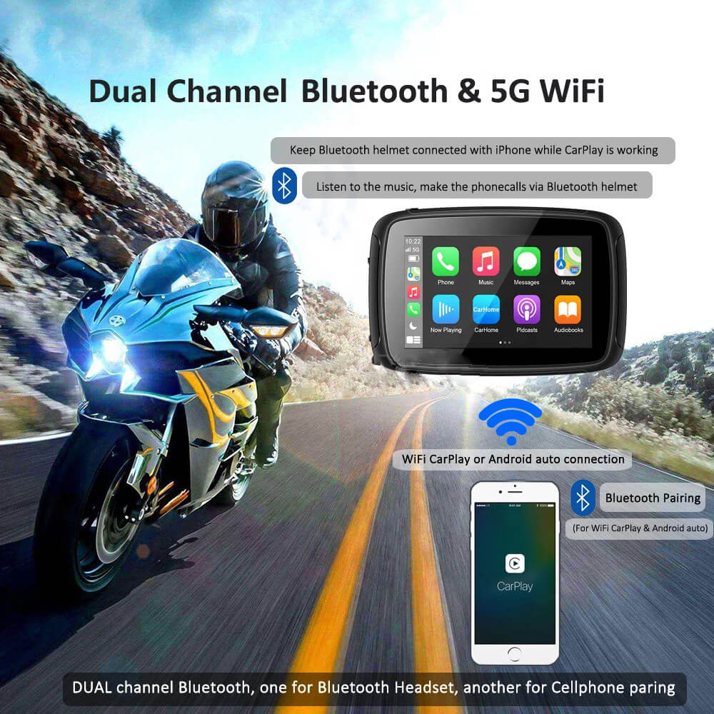 Road Top Portable Wireless Apple Carplay/Wireless Android Auto Touchscreen  for Motorcycle, 5 IPS Touch Screen, IPX7 Waterproof, GPS Navigation via