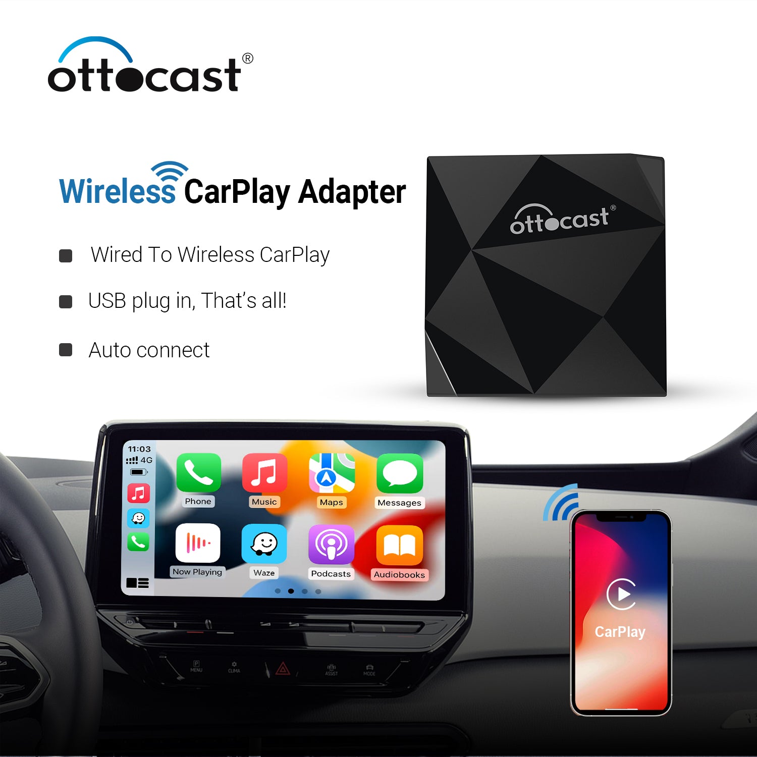  Ottocast Wireless CarPlay Android Auto Adapter Built-in  /Netflix - Support TF Card 5Ghz WiFi Auto Connect No Delay for All  Cars Model with OEM Wired CarPlay : Electronics