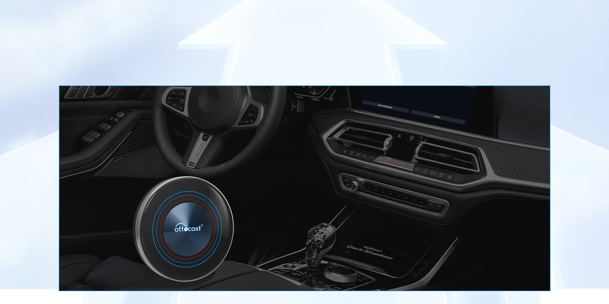 Car interior dashboard with Ottocast round wireless CarPlay adapter for smartphone connectivity and multimedia streaming