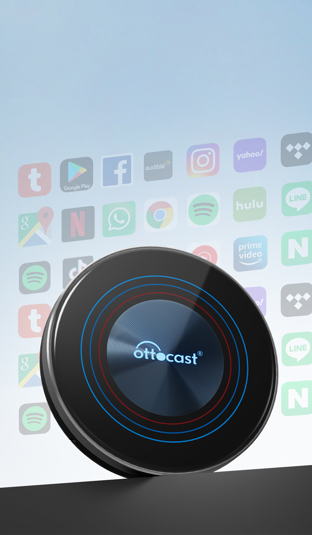 Ottocast round wireless CarPlay adapter with app icons background for car multimedia streaming and smartphone connectivity