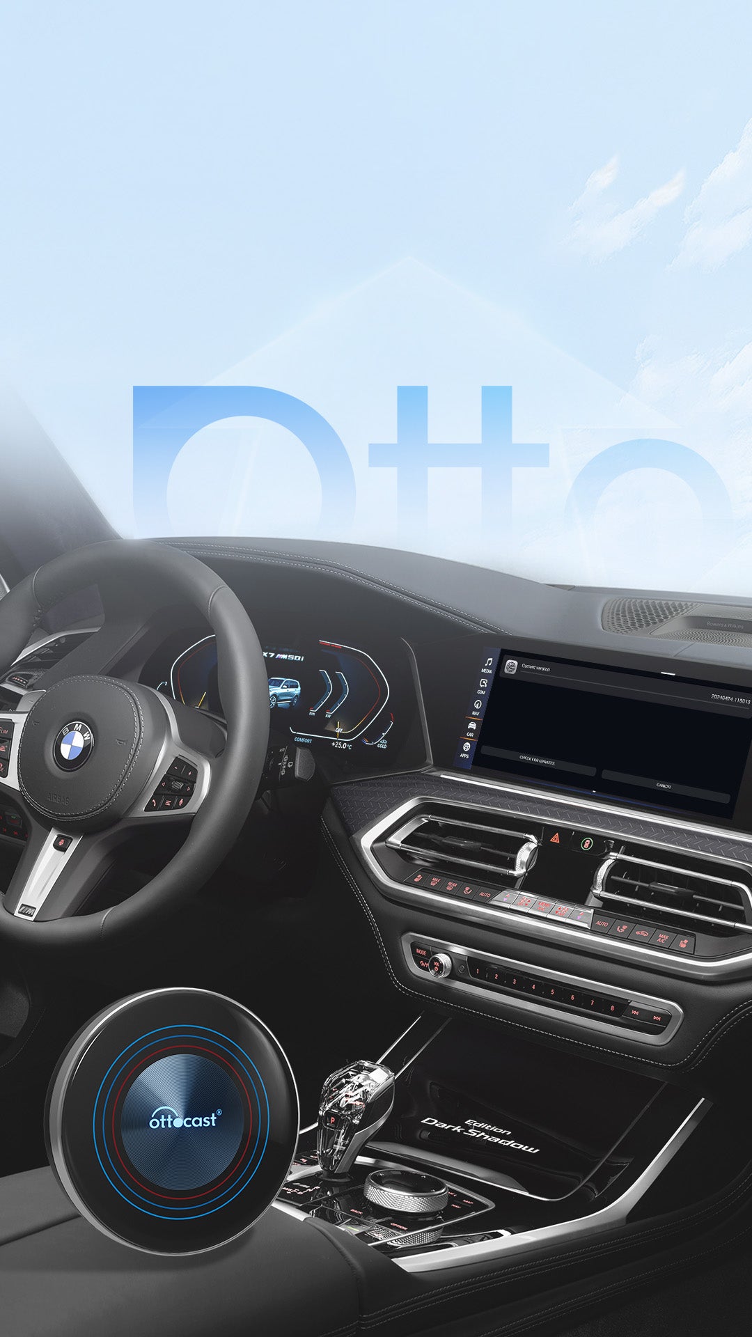 BMW car interior dashboard with Ottocast round wireless CarPlay adapter for smartphone connectivity and streaming