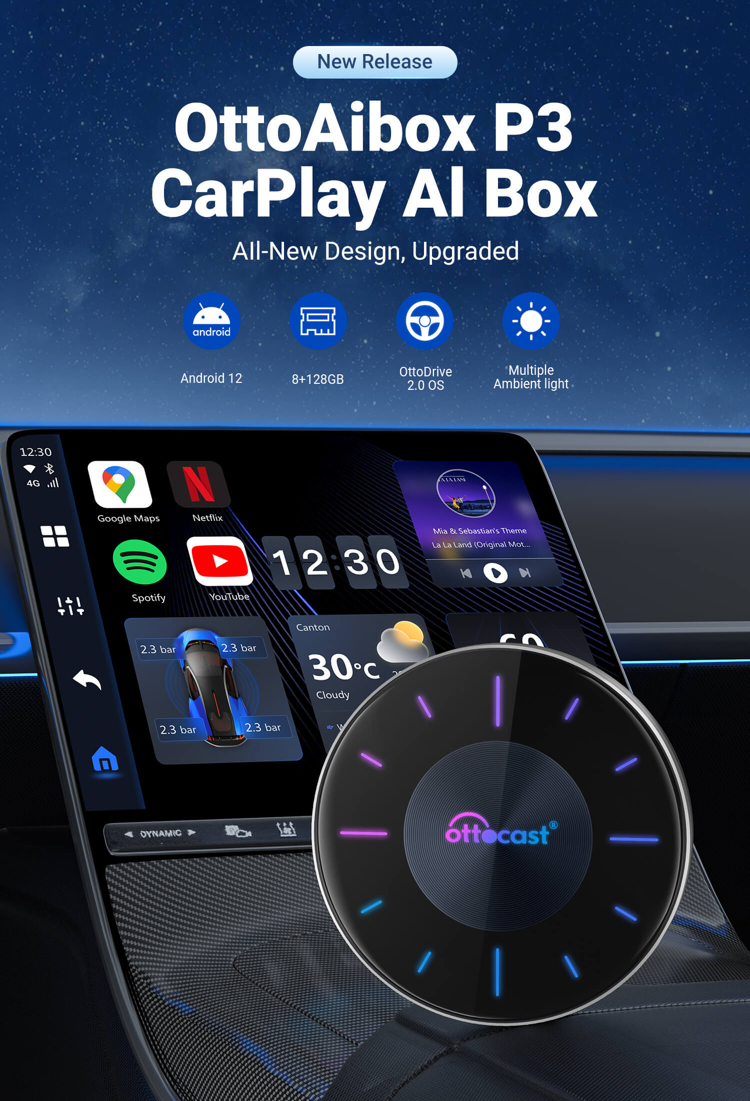Adaptateur CarPlay Android Auto sans fil OttoAibox P3 AI CarPlay 3 en 1- Android