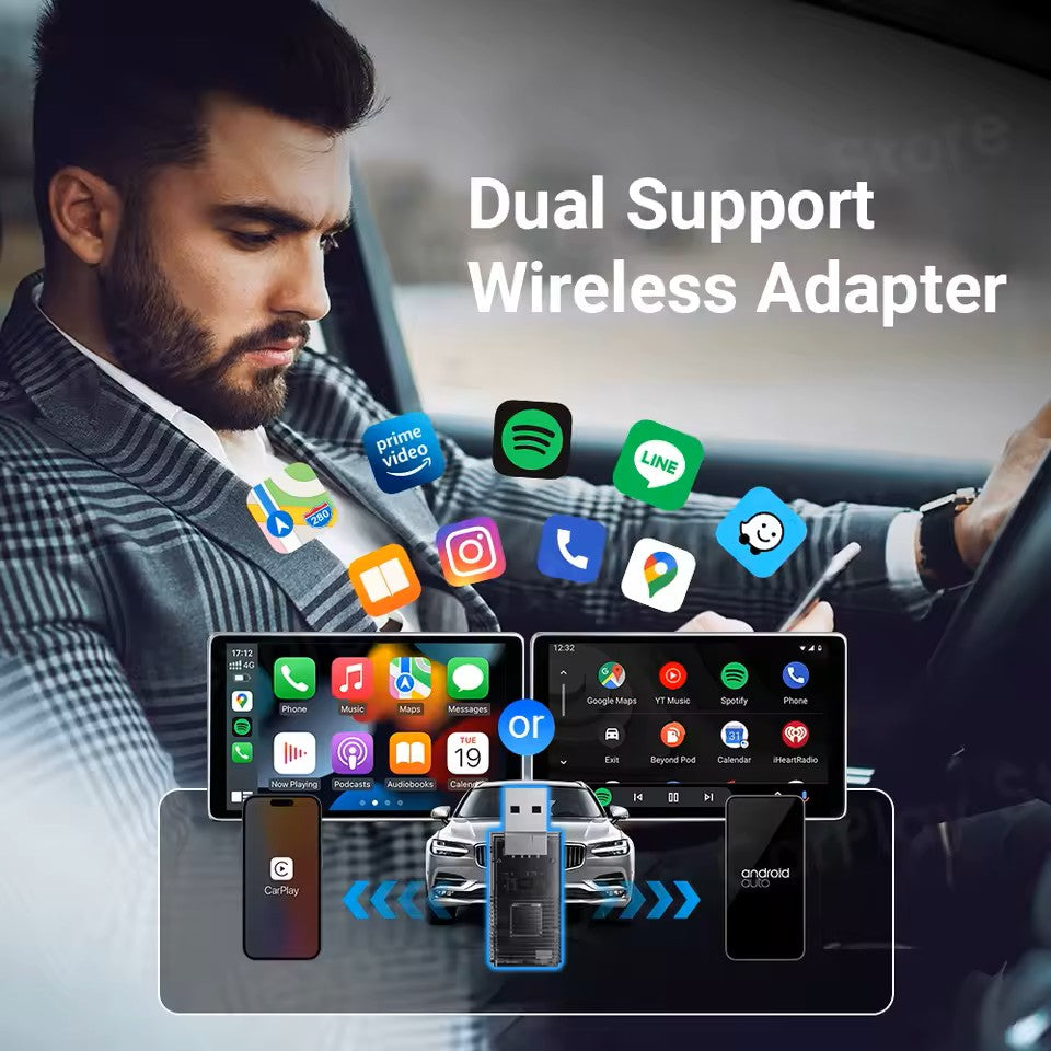 2-i-1 Mini trådløs CarPlay/Android Auto adapter