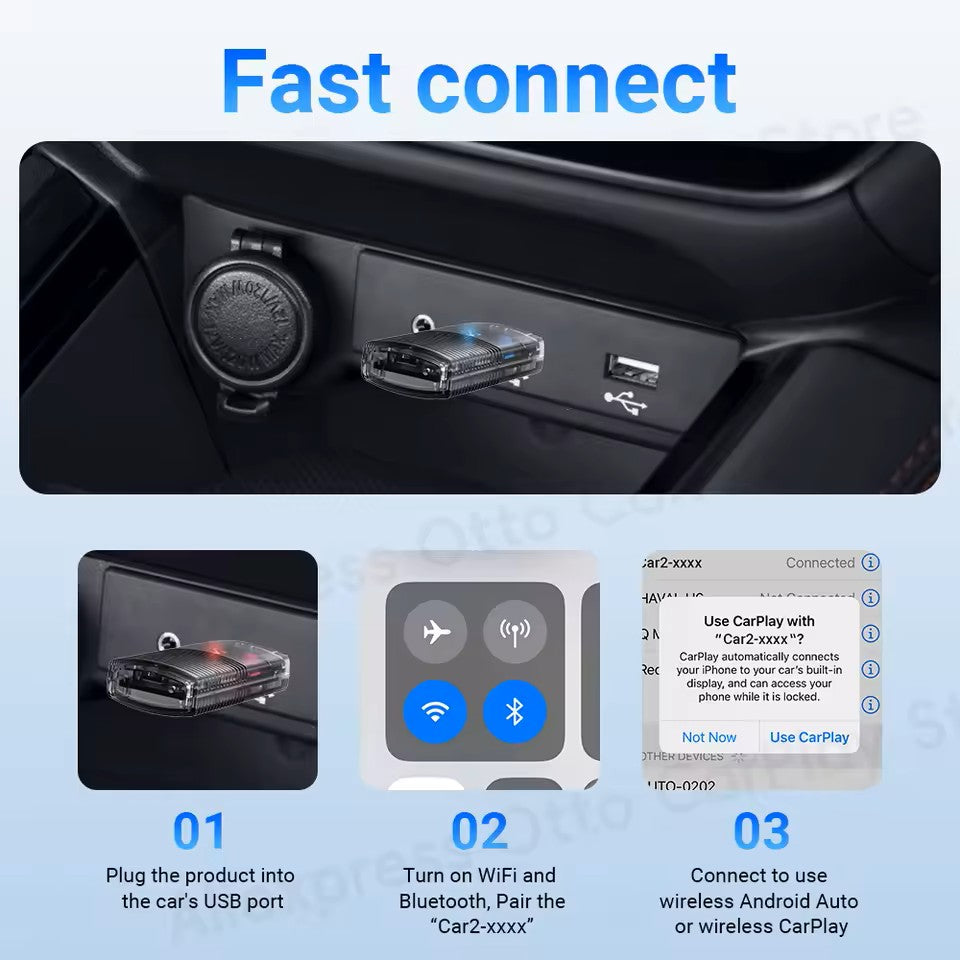 2-i-1 Mini trådløs CarPlay/Android Auto adapter