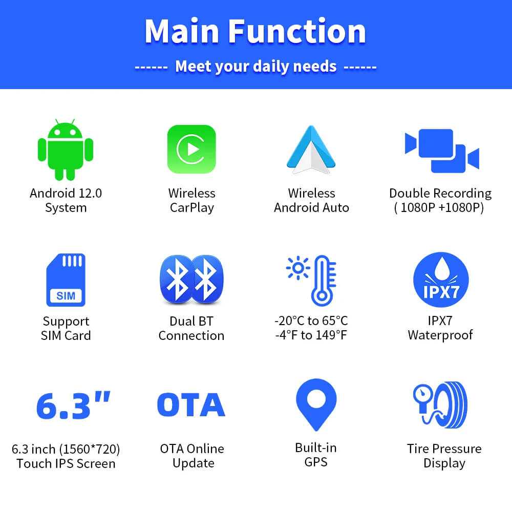 CarPlay Lite C5 अल्ट्रा मोटरसाइकिल एंड्रॉइड 12 GPS डिस्प्ले स्क्रीन DVR कैमरा के साथ